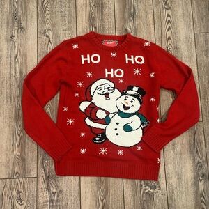 Cheerful Red Holiday Sweater with Santa and Snowman